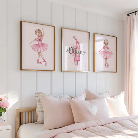 Pink ballet nursery wall art set featuring ballerina illustrations for a girls bedroom or nursery