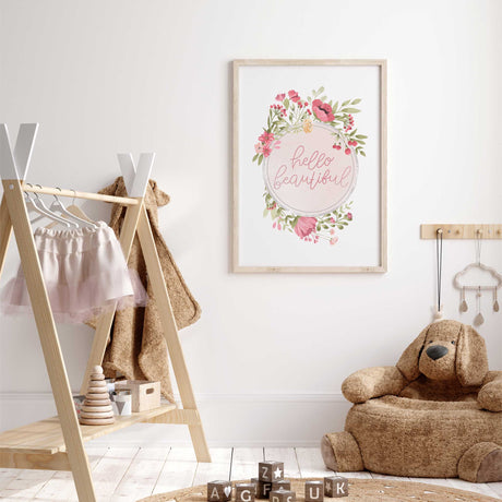 Soft pastel floral quote art print with hello beautiful text for nursery