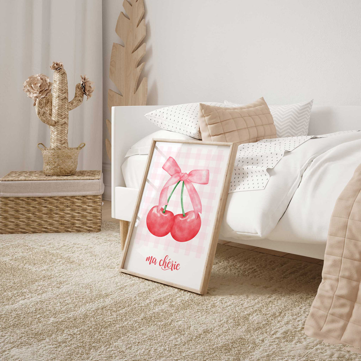 Pink bow cherry wall art print with gingham background for girls room