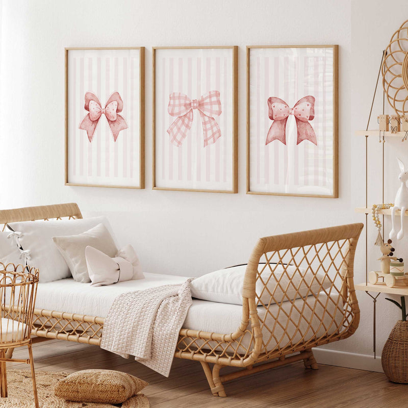 Pink bow nursery wall decor set with soft feminine tones
