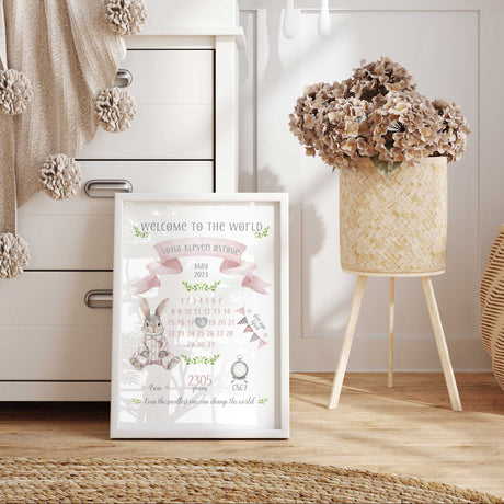 Watercolour bunny birth details print in pink with a name banner, calendar, bunting, greenery and baby statistics