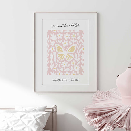 Girls room butterfly art print with floral accents in soft blush tones
