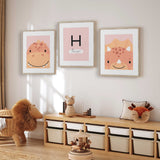 Pink illustrated dinosaur wall print in soft blush and coral colours for a young girl’s bedroom or playroom