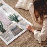 Pastel pink door wall art print, mid-century modern Palm Springs architecture with white border.