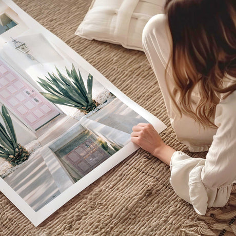 Pastel pink door wall art print, mid-century modern Palm Springs architecture with white border.