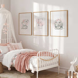 Pink elephant baby room wall art with floral crown illustration