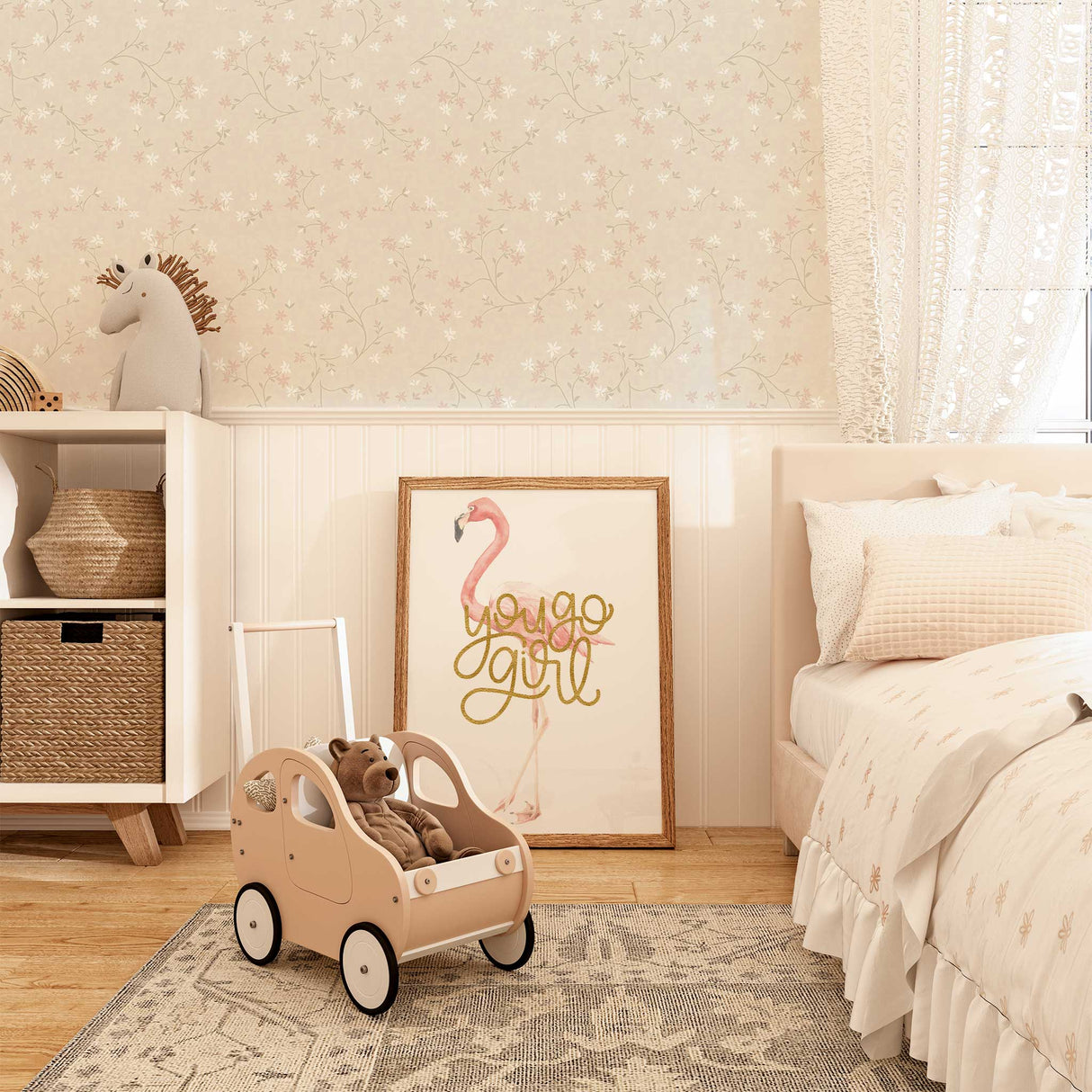 Pink flamingo wall art print for a young girls bedroom