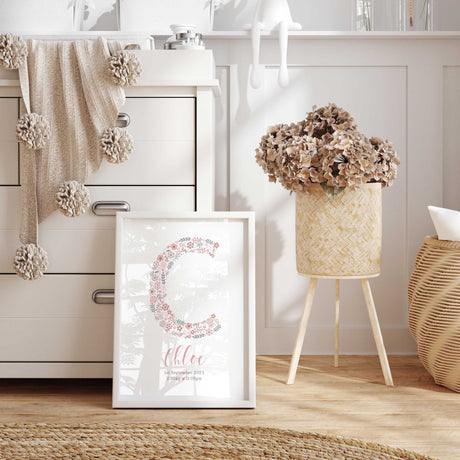 Pink flower letter print personalised with a child’s initial, name and optional birth date, weight and time