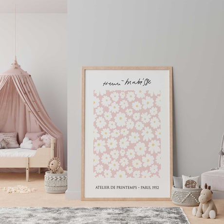 Pink floral poster print with white flowers and handwritten Matisse text for feminine room decor