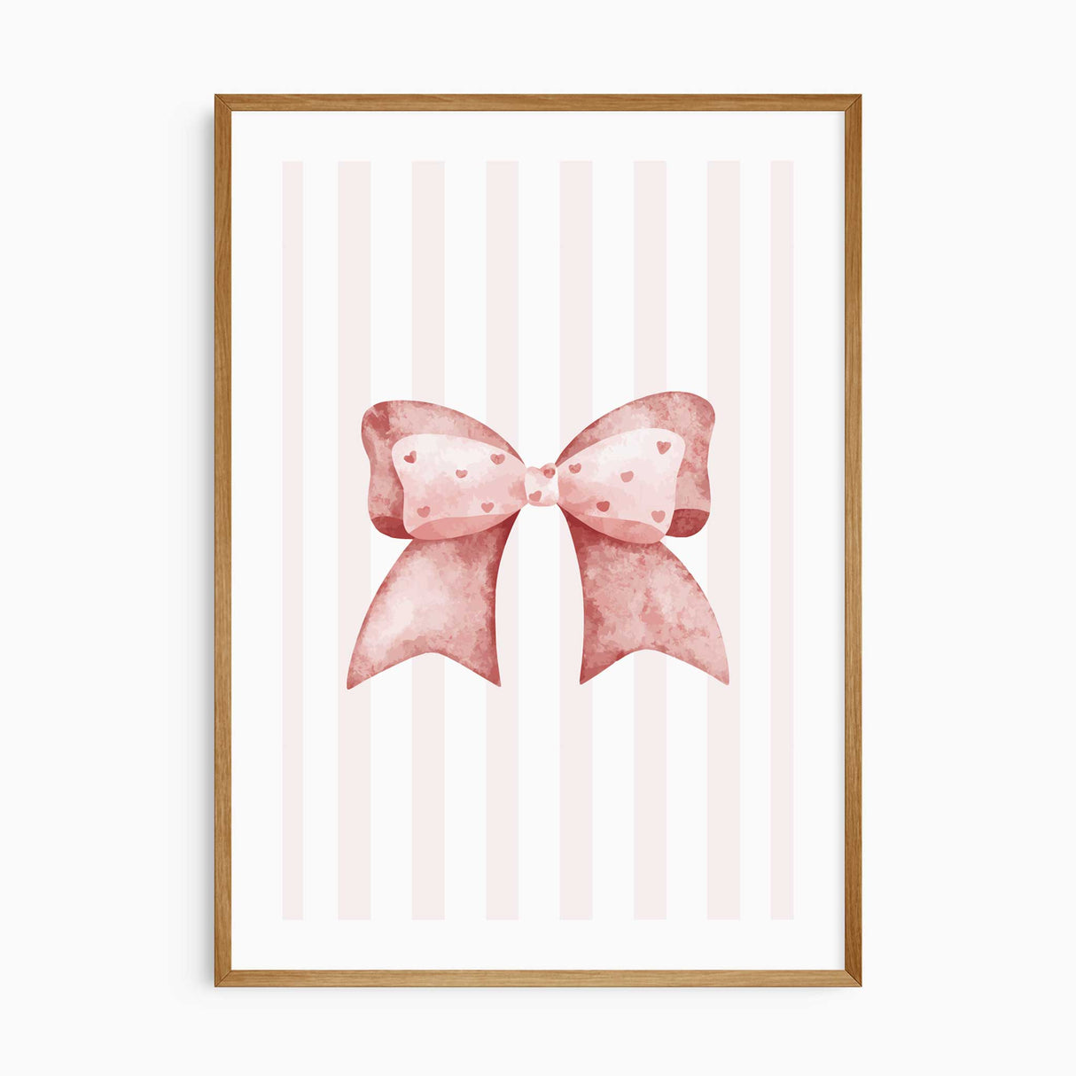 Pink heart bow wall art print with striped background