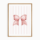 Pink heart bow wall art print with striped background