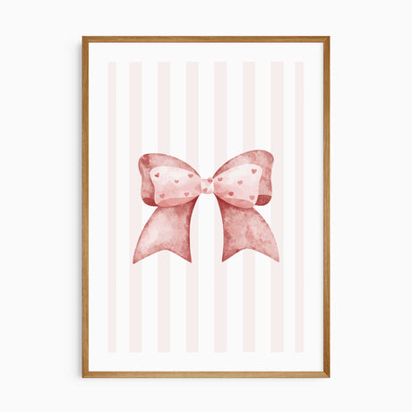 Pink heart bow wall art print with striped background