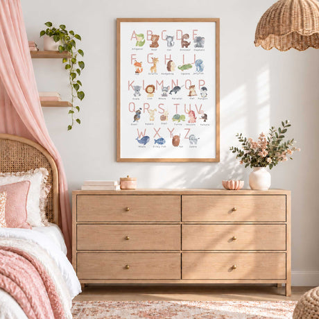 Animal alphabet print with pink A to Z letters and named watercolour illustrations, including a bear and unicorn.