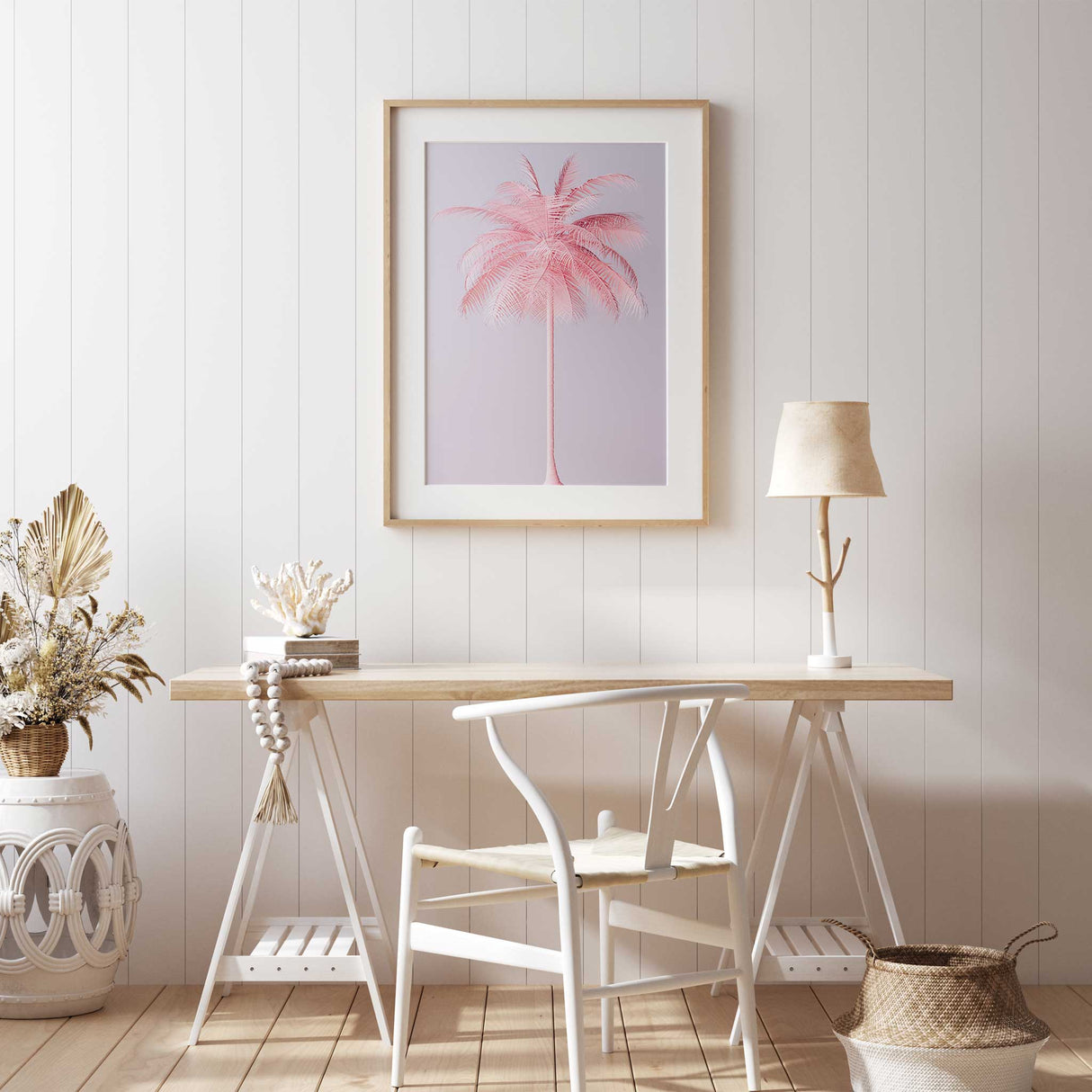 pink palm tree wall art for teen bedroom in soft pastel tones