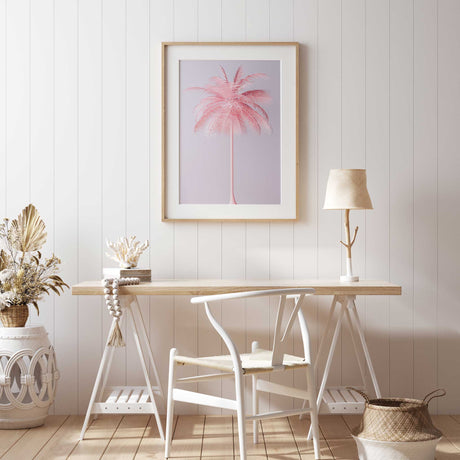 pink palm tree wall art for teen bedroom in soft pastel tones