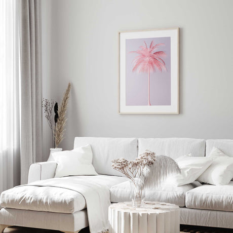 Pink palm tree wall art print featuring a tropical palm on a soft lilac background in a modern minimalist style