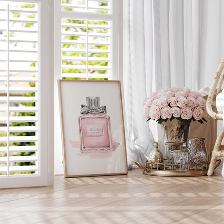 Pink perfume bottle suitable for teen girls bedroom wall art
