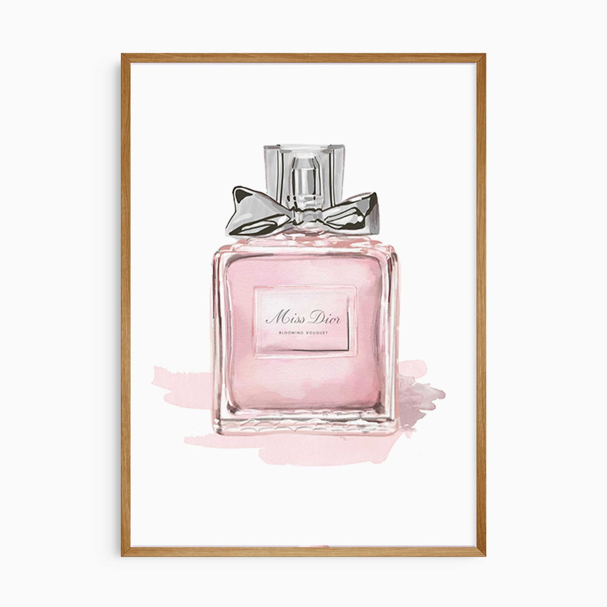 Watercolour-style pink perfume bottle print with a silver ribbon bow, glass bottle details and pale pink painted accents.