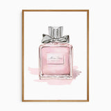 Watercolour-style pink perfume bottle print with a silver ribbon bow, glass bottle details and pale pink painted accents.