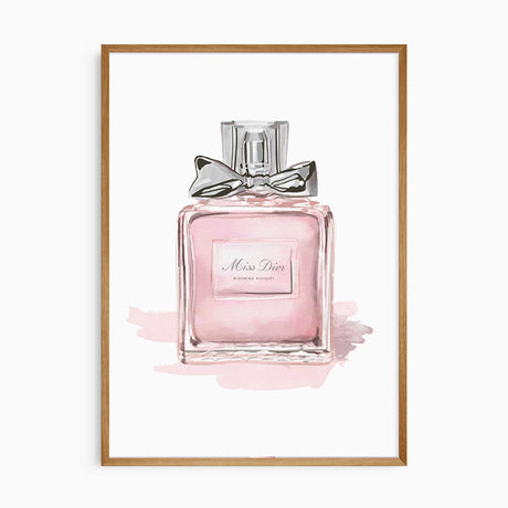 Watercolour-style pink perfume bottle print with a silver ribbon bow, glass bottle details and pale pink painted accents.