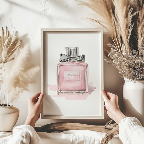 Chic pink perfume bottle artwork, ideal for teen girls rooms and dressing areas
