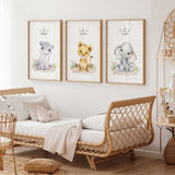 Pink safari animal nursery prints featuring hippo lion cub and elephant