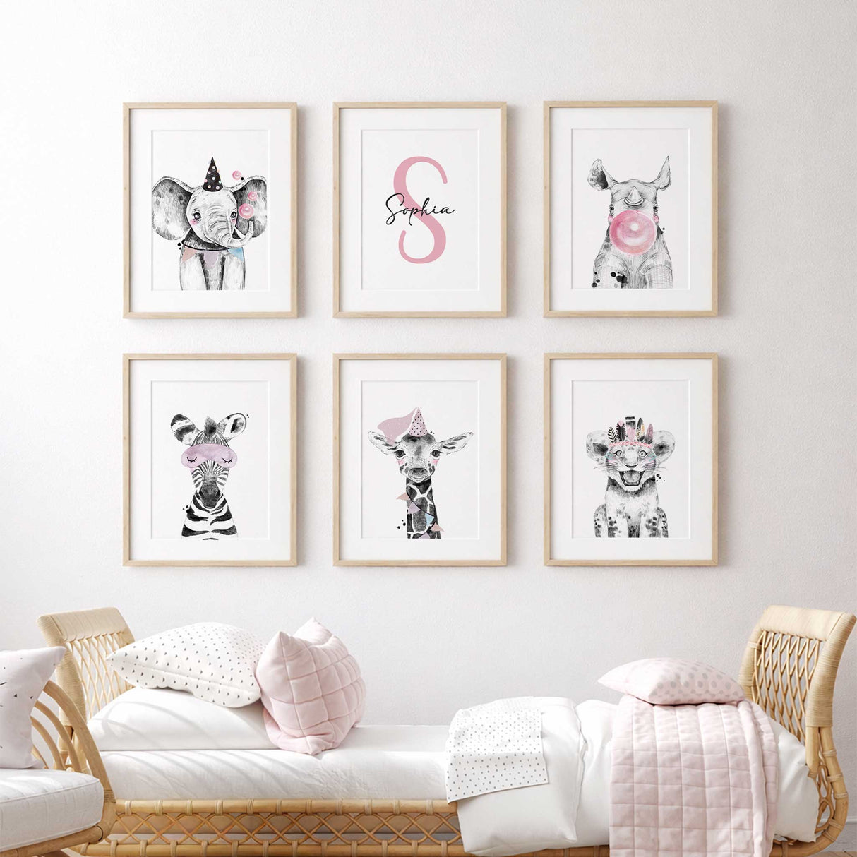 Pink safari animal nursery wall art set of six with elephant rhino zebra giraffe lion cub and personalised initial for girls bedroom