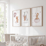 Pink teddy bear baby girl nursery prints with balloons, clouds and stars