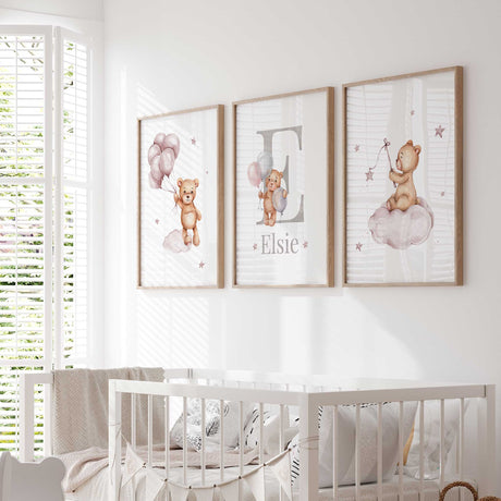 Pink teddy bear baby girl nursery prints with balloons, clouds and stars