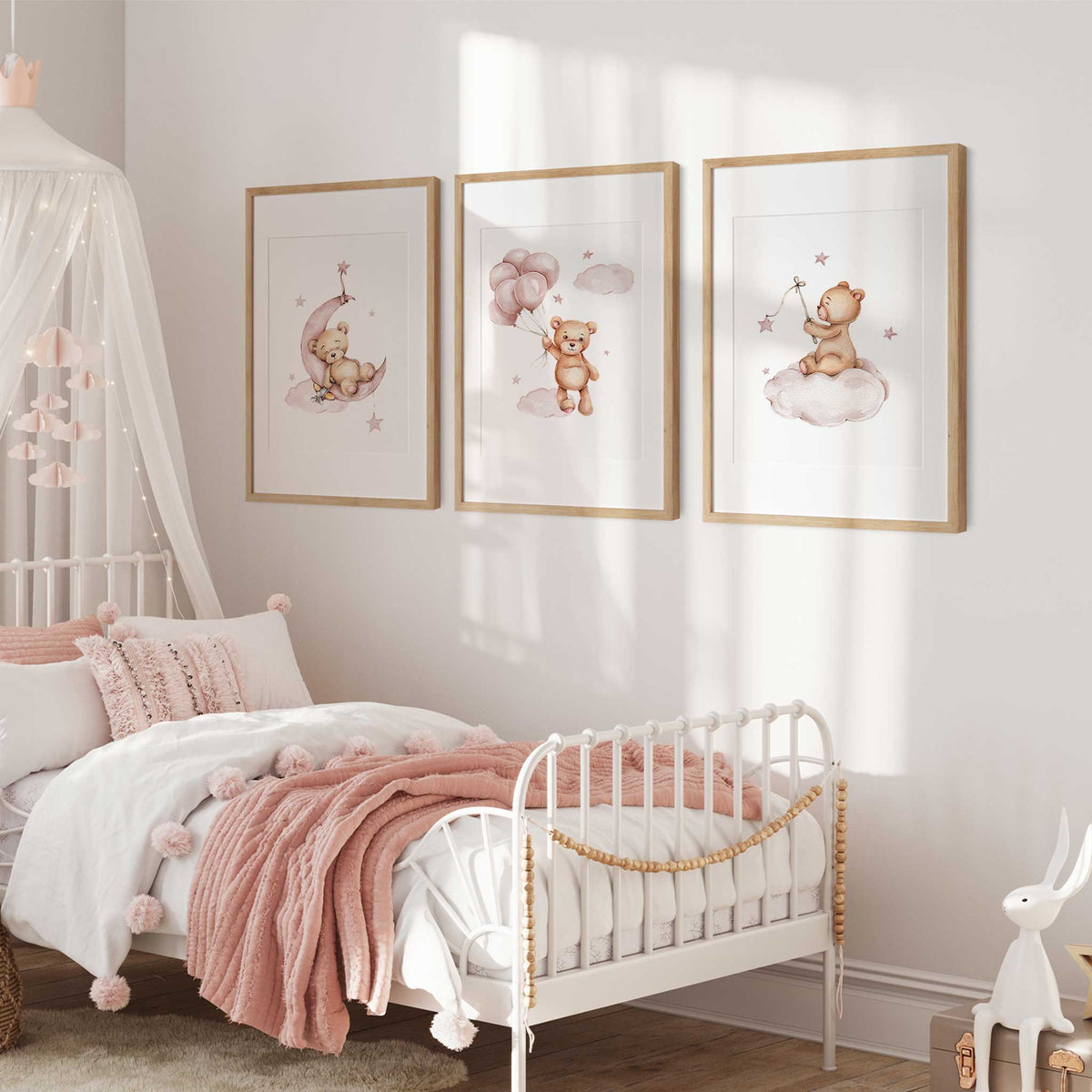 Three coordinating teddy bear prints with pink balloons, a sleeping moon bear and a cloud bear holding a star.