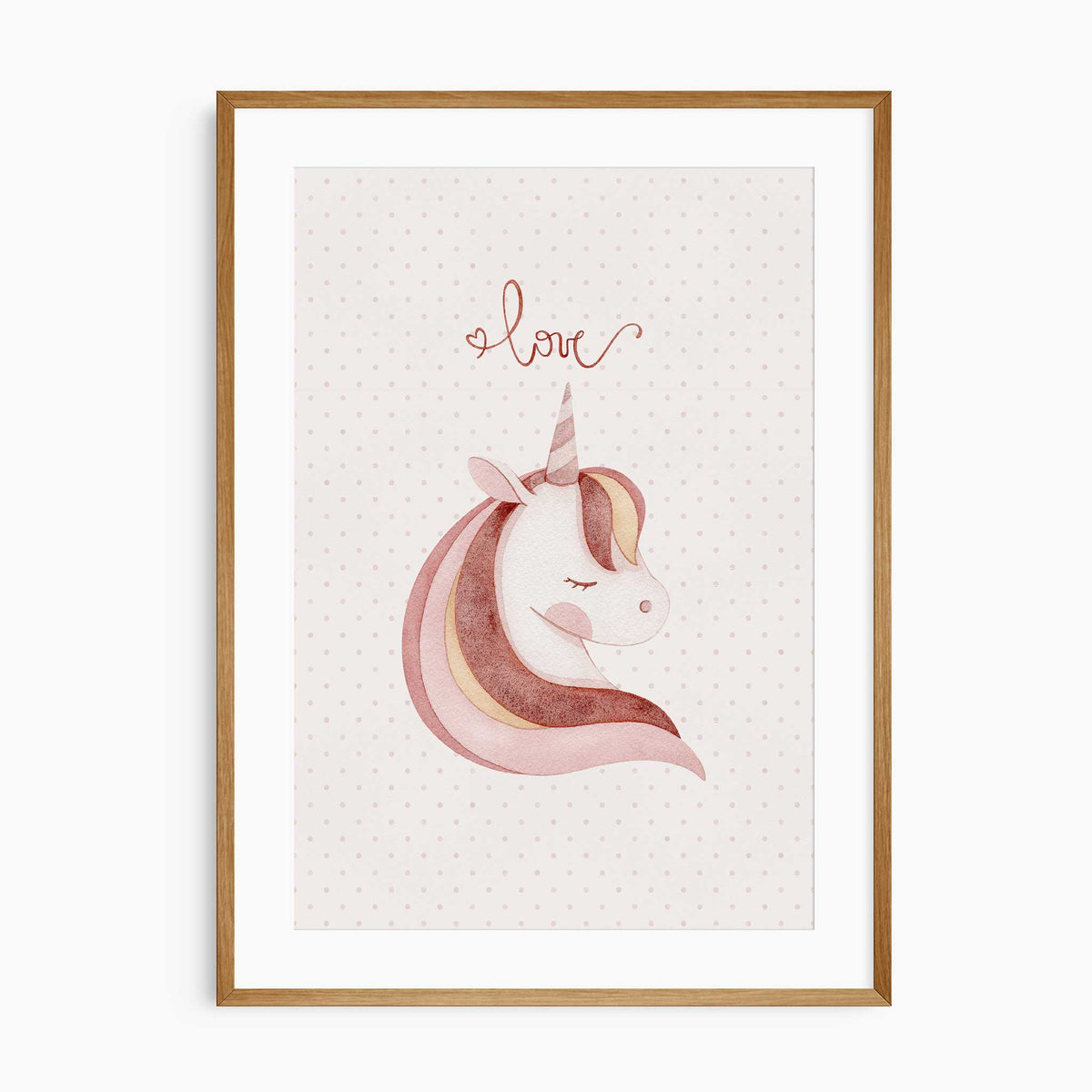 Pink unicorn wall art featuring a blush unicorn portrait with soft flowing mane and delicate love lettering above