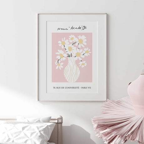 Nursery or teen room wall art print with daisy vase and pink background