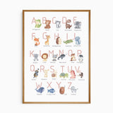 Animal alphabet print with pink uppercase A to Z letters, watercolour animals and a name beneath each illustration.
