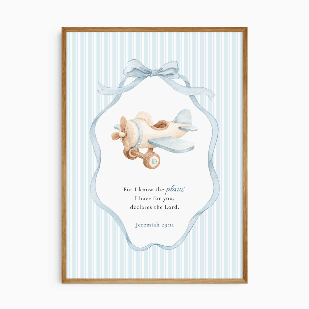 Plane nursery print with Jeremiah 29:11 Bible verse in blue transport themed nursery wall art
