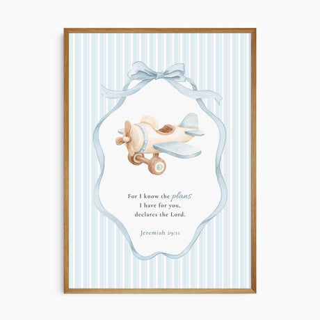 Plane nursery print with Jeremiah 29:11 Bible verse in blue transport themed nursery wall art