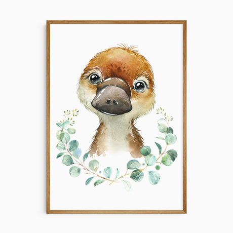 Platypus and eucalyptus nursery wall art in soft green and neutral tones