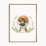 Baby platypus watercolour portrait with brown fur, a green leafy wreath, small pink flowers and a pale pink wash.