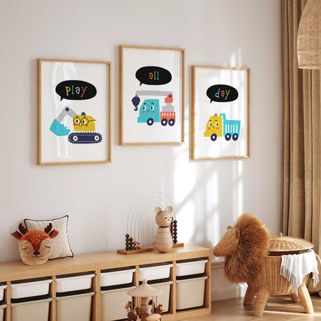 play all day construction playroom colourful construction vehicles. Ideal decor for boys