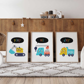 Playroom construction wall art with fun truck illustrations and play all day slogan