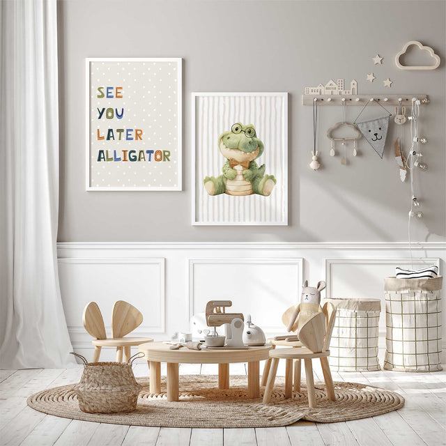 Nursery wall art featuring a cute green alligator with glasses and a bow tie, saying "See You Later, Alligator.