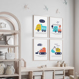 Whimsical construction-themed nursery wall art with vibrant illustrations of a truck, crane, bulldozer, and excavator, perfect for inspiring creativity in a child's room.