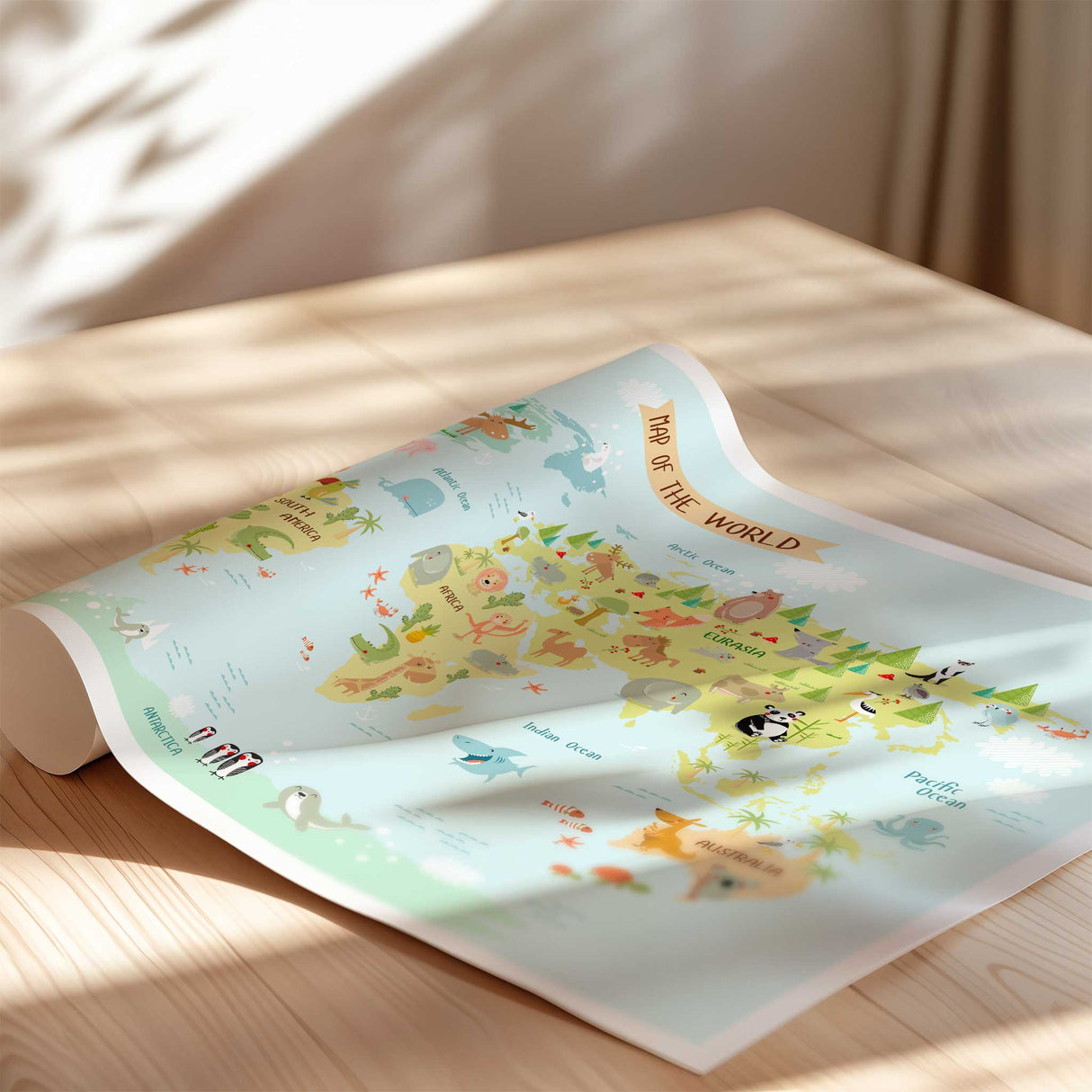 Playroom world map wall art featuring colourful animals and labelled continents on a soft blue background