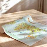 Playroom world map wall art featuring colourful animals and labelled continents on a soft blue background