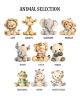 Guide showing the 10 plush animals available for the personalised birth print, including lion, giraffe, elephant and panda