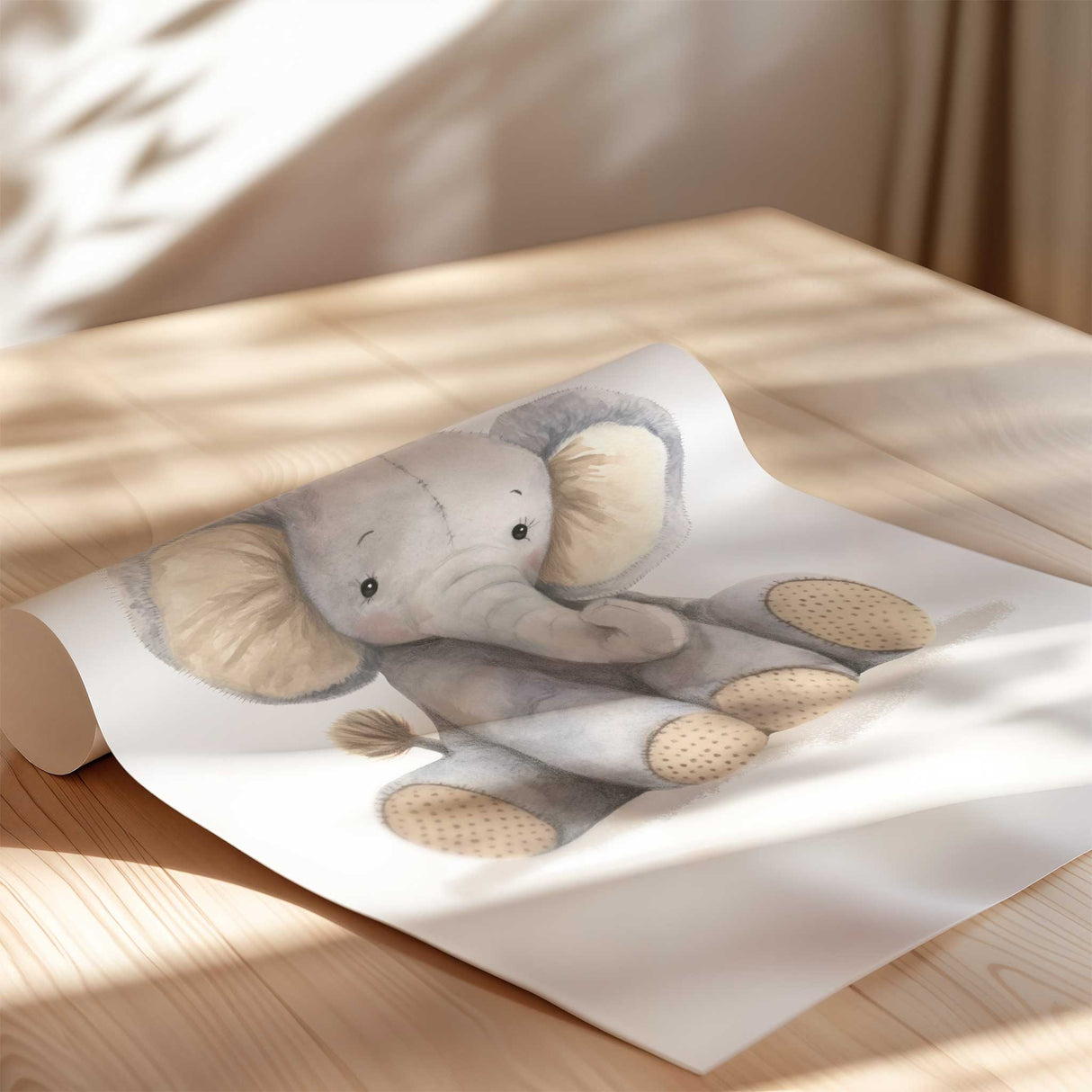 Elephant plush style, nursery prints in minimalist safari theme.