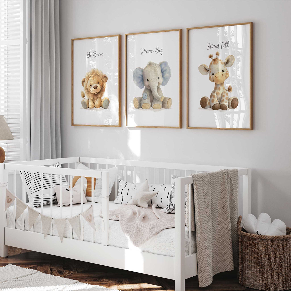 Plush safari animal nursery wall art set of 3 with lion, elephant, and giraffe prints