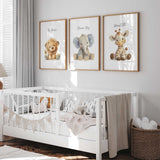 Plush safari animal nursery wall art set of 3 with lion, elephant, and giraffe prints