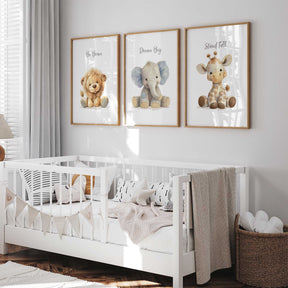 Plush safari animal nursery wall art set of 3 with lion, elephant, and giraffe prints