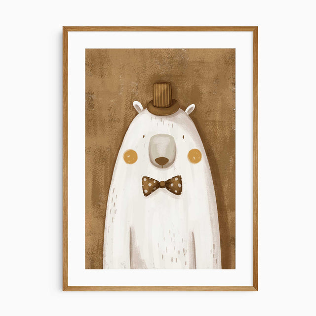 Polar bear nursery print with a cream bear in a striped brown top hat and spotted bow tie on a textured brown background.