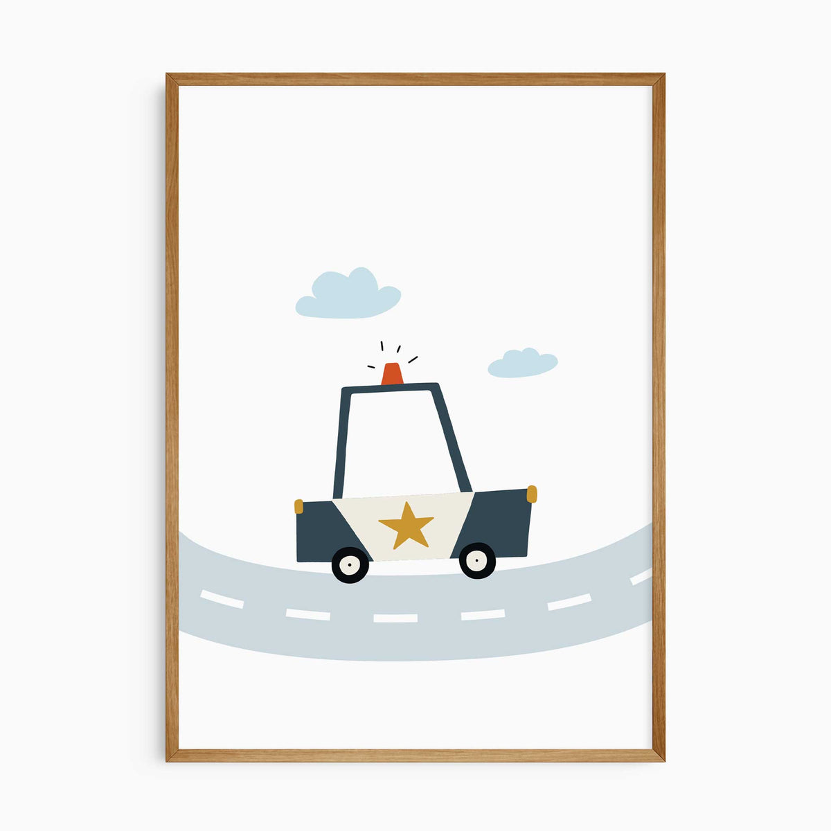 Police car wall art with a gold star, black wheels and blue clouds above a curved pale blue road on a white background